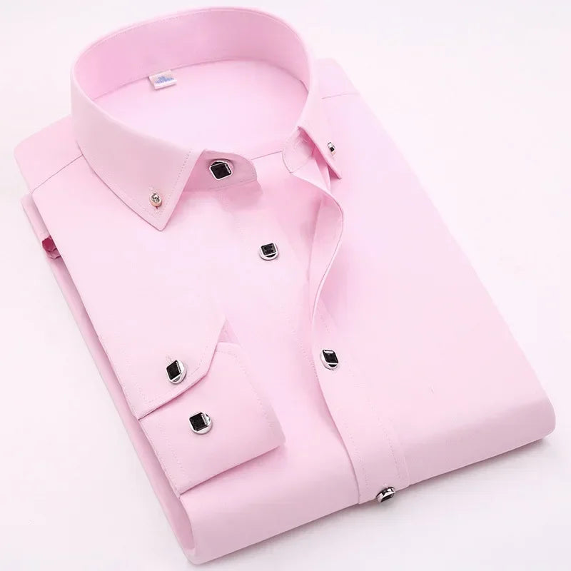 Chemise habillée de luxe pour hommes, bouton en diamant, couleur unie, décontractée, coupe Standard, confortable, douce, manches longues, vêtements pour hommes