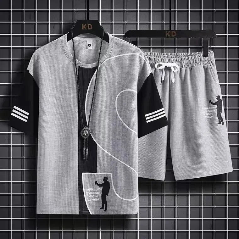 Ensemble de T-shirt et Short de dehors pour Homme, Vêtement de Travail Imprimé, Gaufré, Tenue 2 Pièces, Coupe Régulière Basique