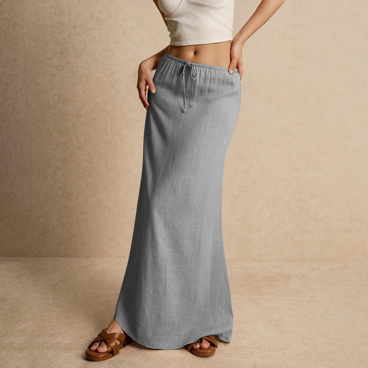Jupe longue d'été pour femmes, cordon de serrage, taille basse, ligne A, jupe décontractée, taille haute élastique, moulante, longue, jupes pour femmes