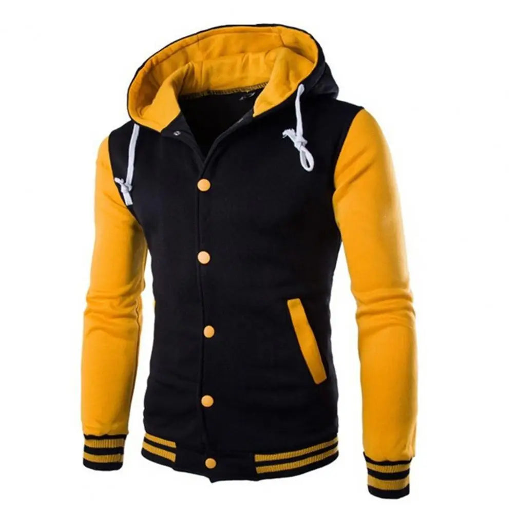 Veste à capuche pour hommes, printemps-automne, Patchwork de couleurs, manteau avec cordon de serrage, manches longues, simple boutonnage, manteau de Baseball, Streetwear