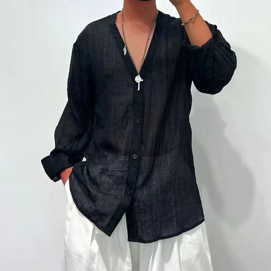 Chemise en maille transparente à col en V pour hommes, chemise à manches longues, chemise boutonnée en dentelle pure, chemises streetwear sexy, printemps, Y-2024