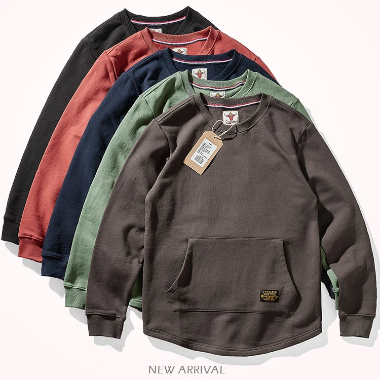 Sweat-shirt kangourou en velours pour homme, nouveau, rétro américain, lourd, poches, Simple, pur coton lavé, vêtement de sport décontracté, automne et hiver