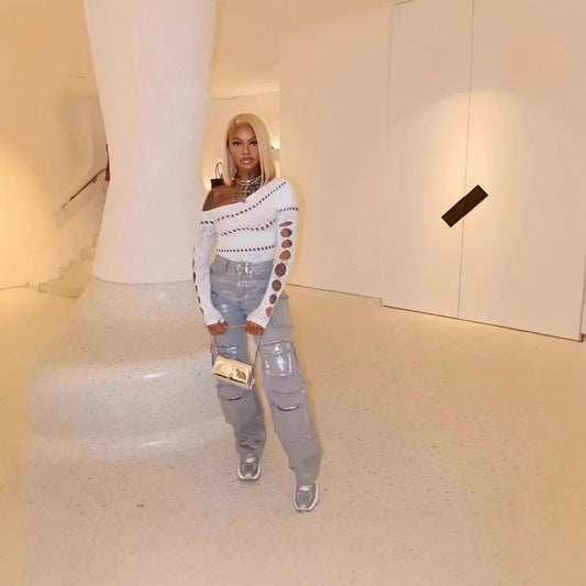 Jean Cargo en Denim pour Femme, Taille Moyenne, Délavé, Poches Multiples, Bronzé, Longueur au Sol, Streetwear, Fjm Droit, 2025