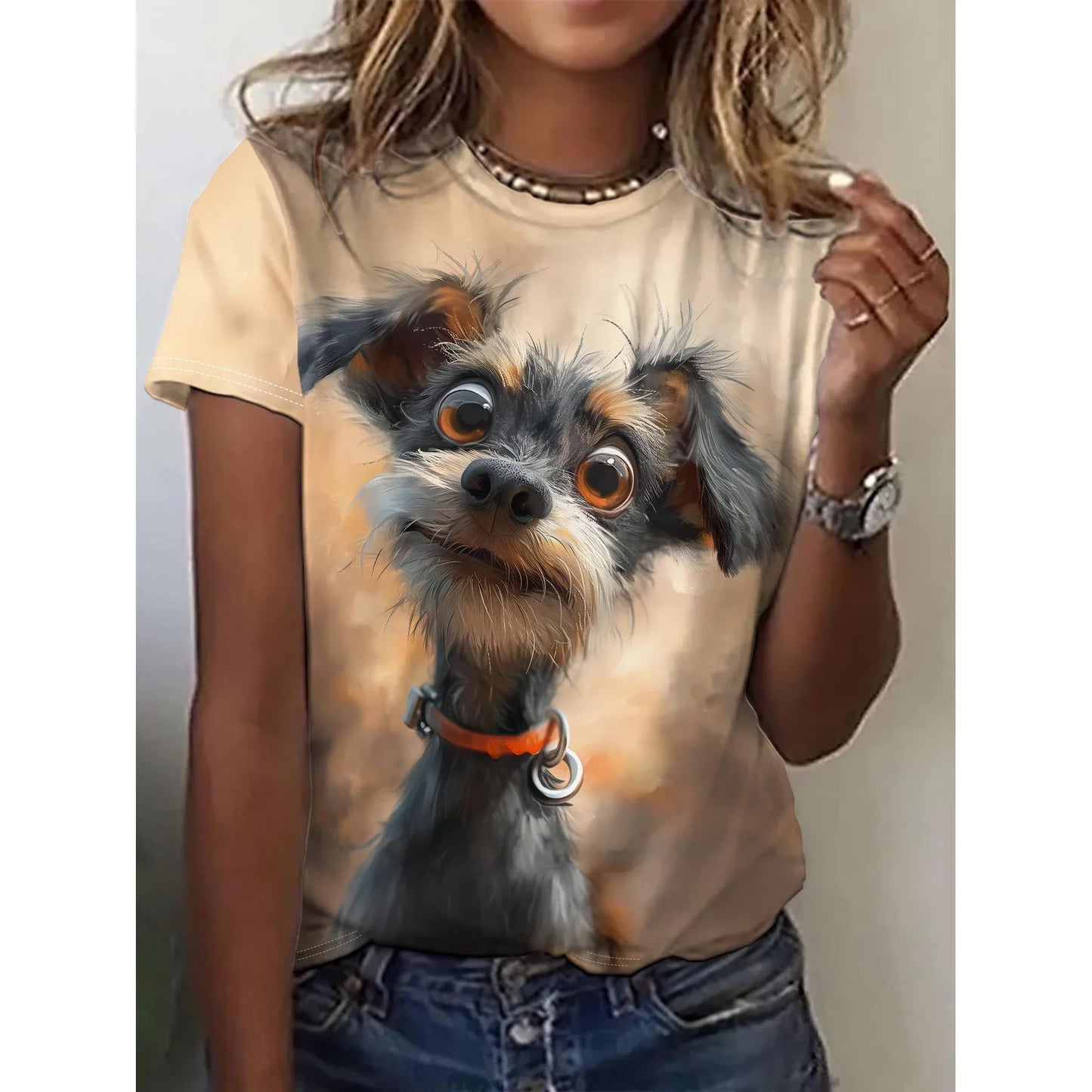 T-shirt manches courtes col ras du cou pour femme, vêtement surdimensionné, décontracté, imprimé chien, 3d, à la mode, été