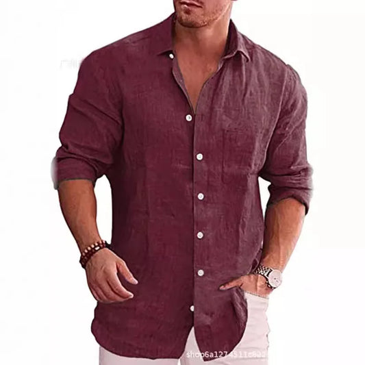 Chemise ample grande taille pour hommes, couleur unie, col en lin, manches longues, chemise décontractée