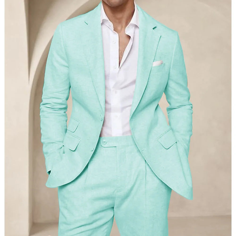 Costume deux pièces en lin pour hommes, Cool, respirant, élégant, mode, Design Slim, robe de mariée, vêtements de travail, confortable, nouveau, été