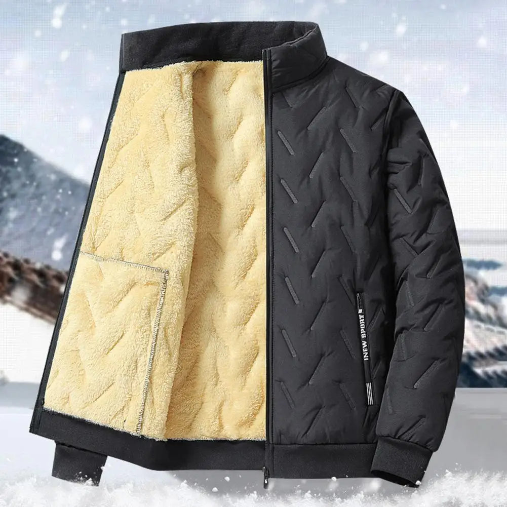 Veste à Revers avec Lignes en Relief pour Homme, Poches à Fermeture Éclair, Ourlet artificiel astique, Doublure en Peluche, Manteau pour la Chaleur