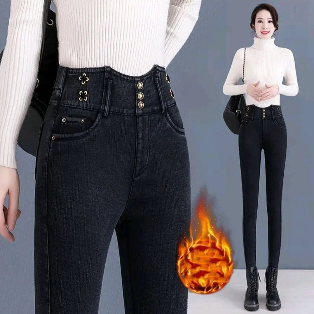 Jean taille haute élastique coréen avec peluche arctique, pantalon crayon droit noir mince, bouton solide, fermeture éclair, mode automne et hiver, nouveau