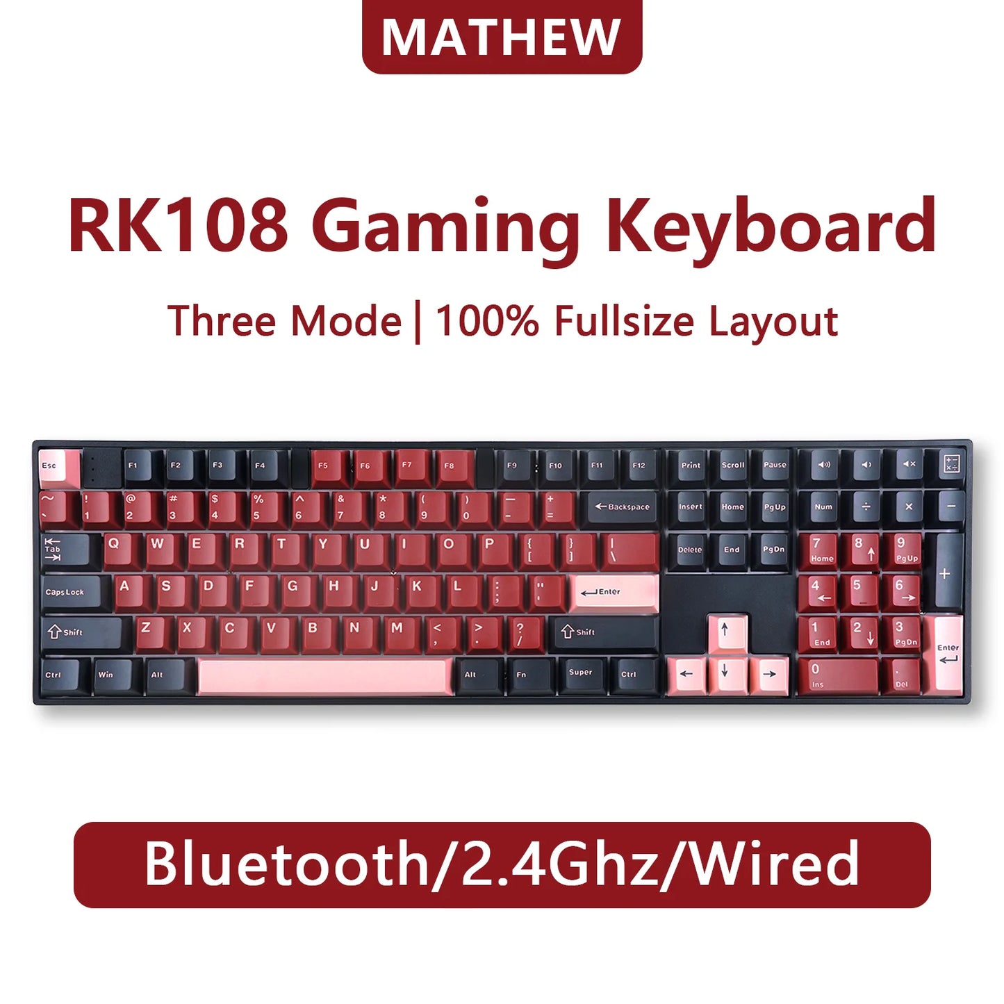 Clavier mécanique sans fil RK108, RVB, Bluetooth, 100%, grande taille, programmable, personnalisé, bricolage, 108 touches avec NumberSub