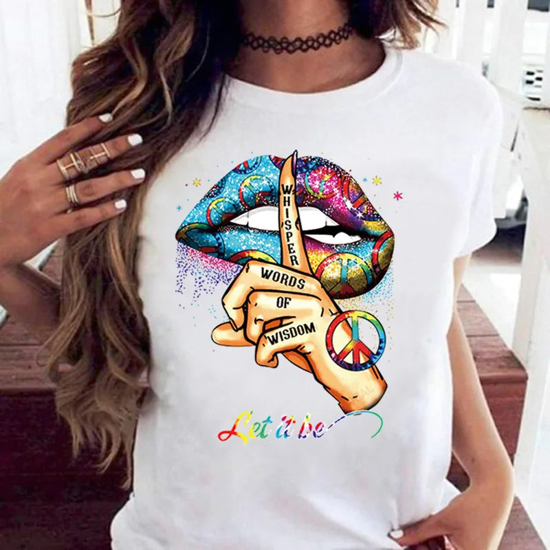 100% coton ample col rond bouche créative à manches courtes T-shirt femme surdimensionné T-shirt hauts vêtements esthétiques