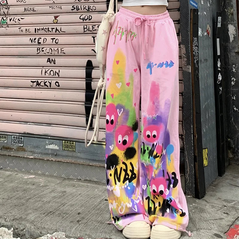 Pantalon décontracté Kawaii Dopamine Graffiti pour femme, taille haute élastique, poches Wstring, jambe large, été