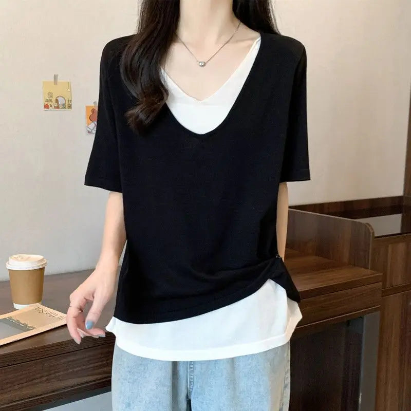 Économie à manches courtes et col en V pour femmes, pulls élégants, patchwork de documents solides, vêtements décontractés, mode sexy, simplicité, 2023