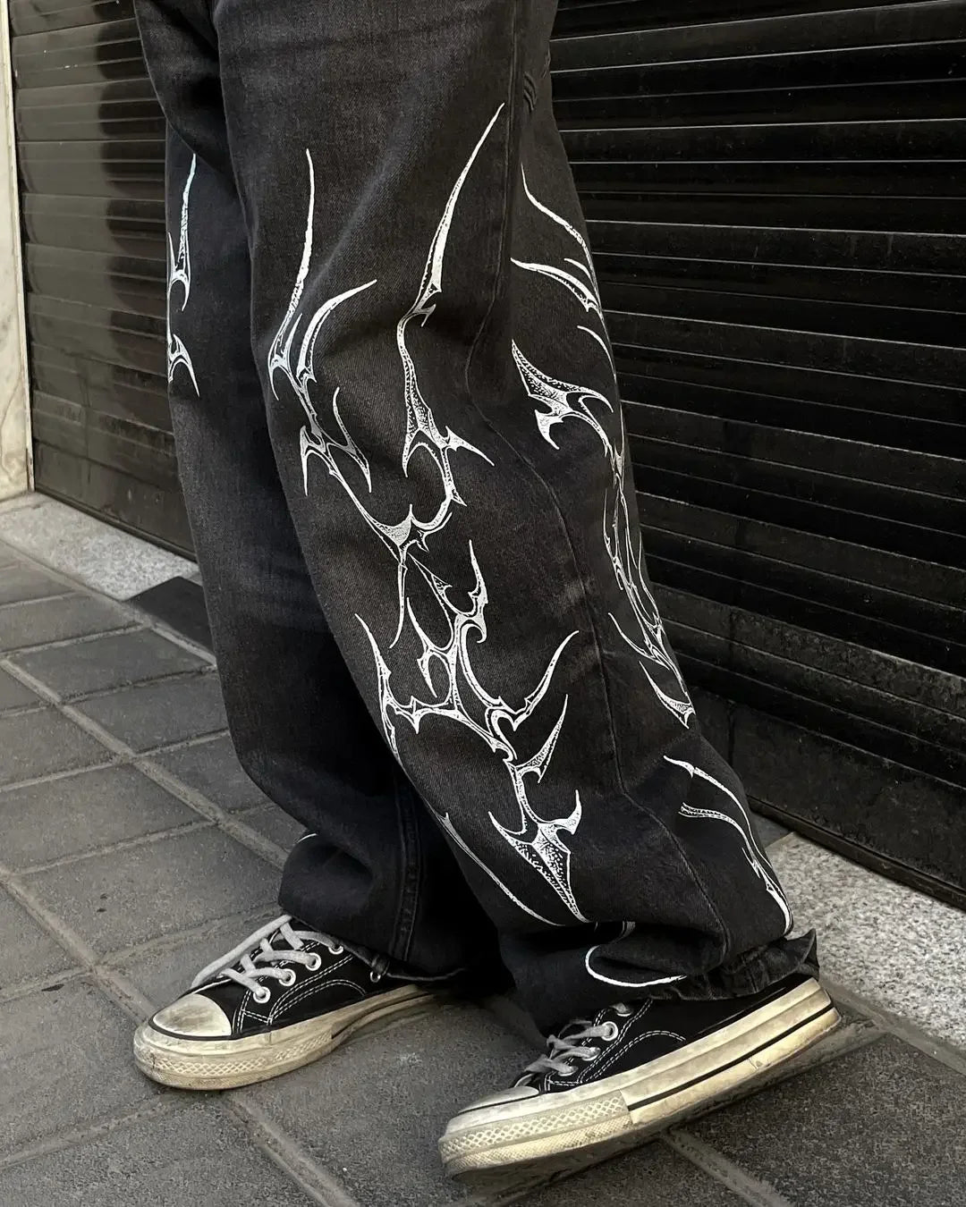 Pantalon Patch populaire avec motif d'épine imprimé, jean déchiré gothique Harajuku pour hommes et femmes, pantalon de rue taille haute Y2k à jambes larges