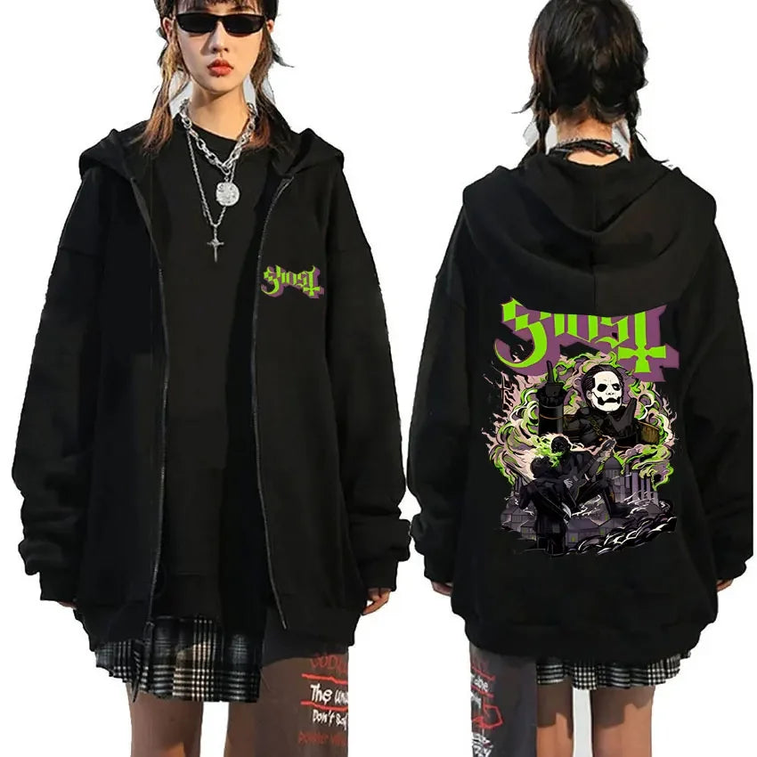 Mesurost Band Zipper Hoodie pour hommes, Hip Hop Respzed Fashion, Cartoon Anime Graphic Print, Zip Up Hoodies, Rock Gothic, PVD