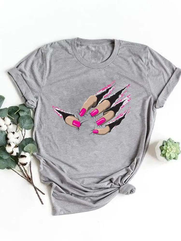 T-shirt manches courtes pour femmes, vêtement basique, haut d'été, maquillage rayé, joli et mignon, imprimé, à la mode, graphique