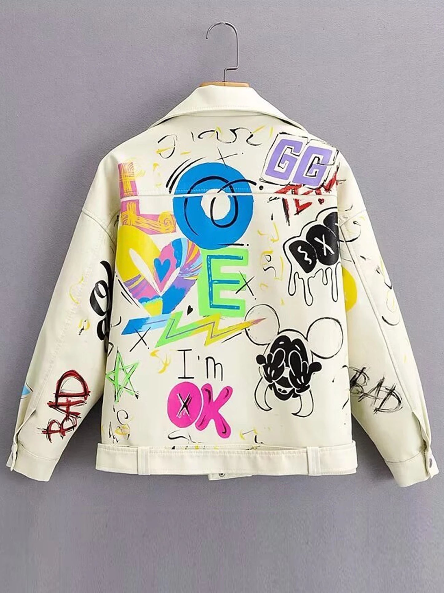 Manteau de marque en cuir PU pour femmes, veste de marque à la mode, imprimé Graffiti coloré, manteaux Punk doux, Slim Locomotive, veste courte, haut en cuir
