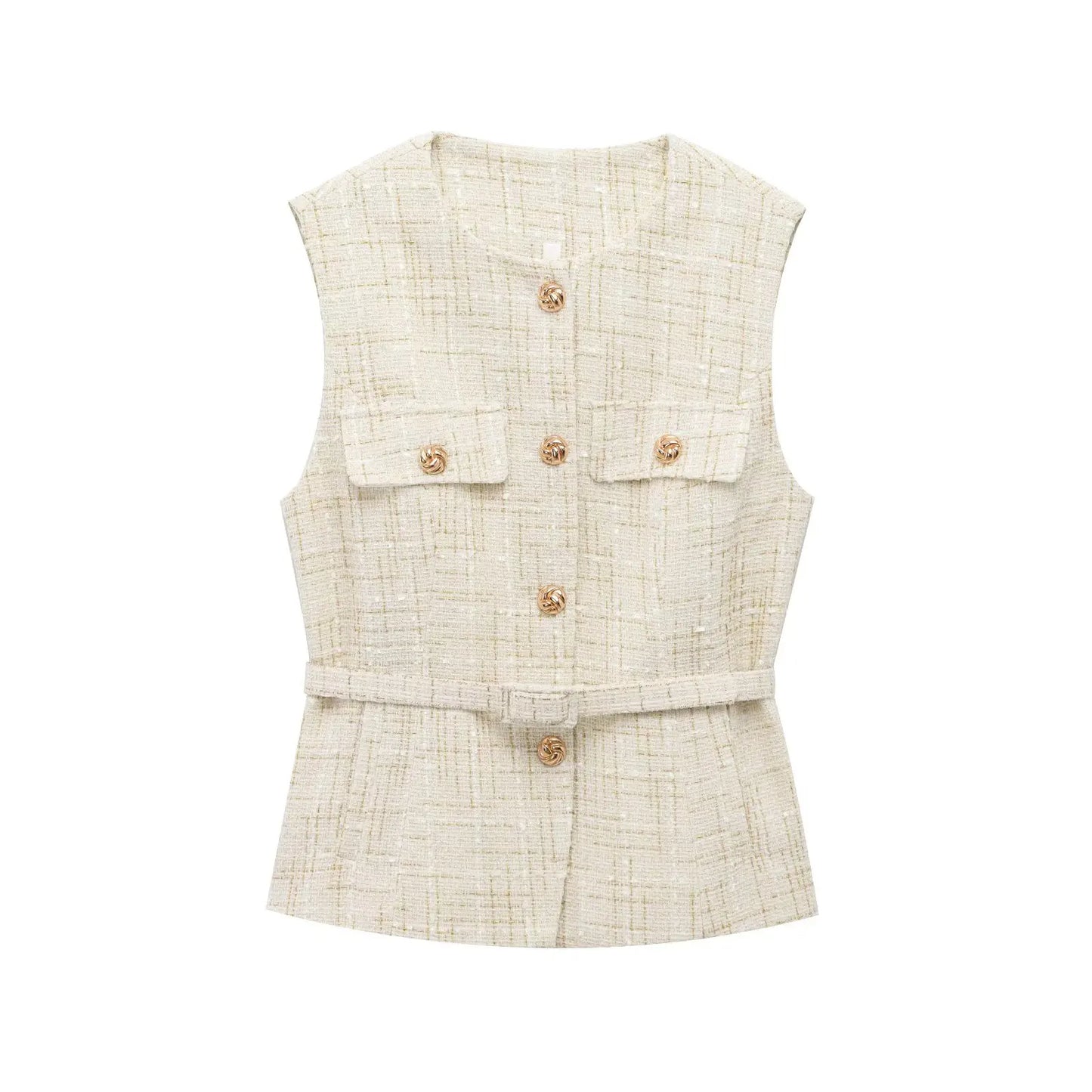 TRAFNLZGMSJ 2025 printemps femmes gilet haut à la mode avec ceinture coupe ajustée sans manches veste haut pour femmes Texture gilet haut nouveau