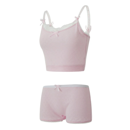 Gaono – ensemble pyjama 2 pièces rose mignon Y2K Fairycore, Vintage, col en V, garniture en dentelle, Cami, milkmaid, haut court + short, ensemble pyjama Chic pour femmes