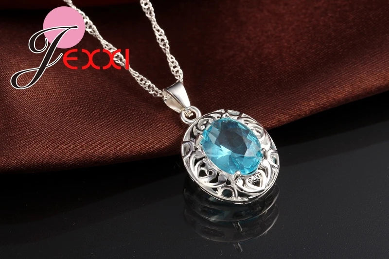 Bijoux de mariage de qualité supérieure pour mariée 925 en argent Sterling bleu cristal Zircon boucles d'oreilles + bague + collier ensembles de bijoux de mariée