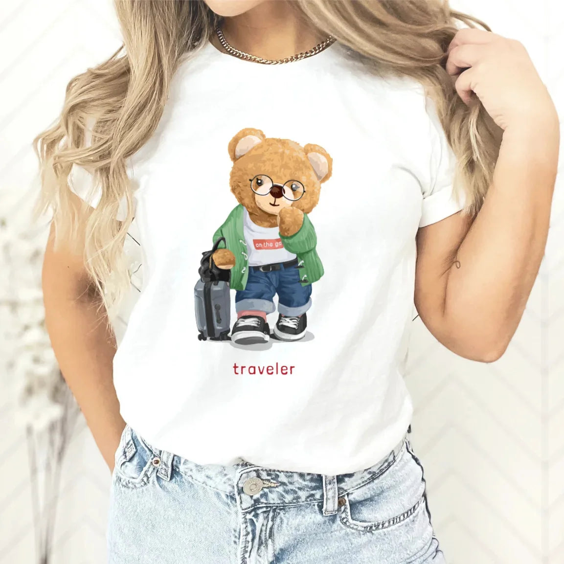 T-shirt imprimé ours en peluche pour femme, haut décontracté à col rond, t-shirts graphiques, vêtements d'été sympas