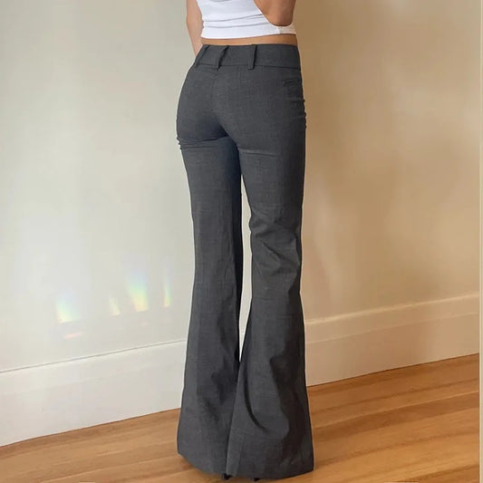 Lucyever-Pantalon évasé taille basse pour femme, pantalon moulant pour femme, poche mince, jambe large rétro, rue haute, mode fjFashion, dame de bureau, gris, Y2K
