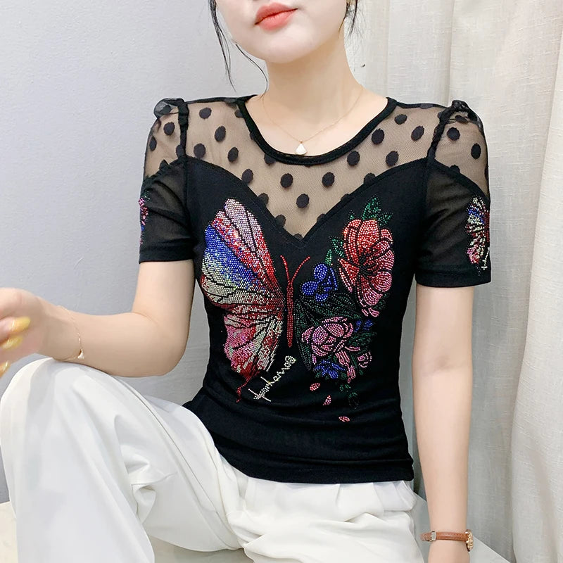 Été nouvelle mode maille T-shirt Chic luxe papillon chaud diamant T-shirt élégant dentelle Patchwork à manches courtes mince haut pour femme