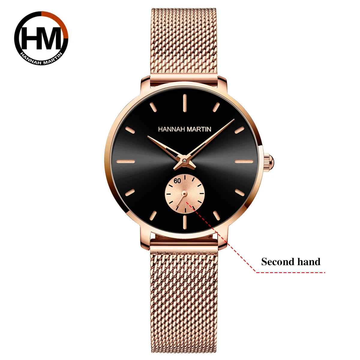 HANNAH MARTIN Top marque femmes montre 1335 synchronisation sous-cadran en acier inoxydable maille mouvement à Quartz or Rose 33mm