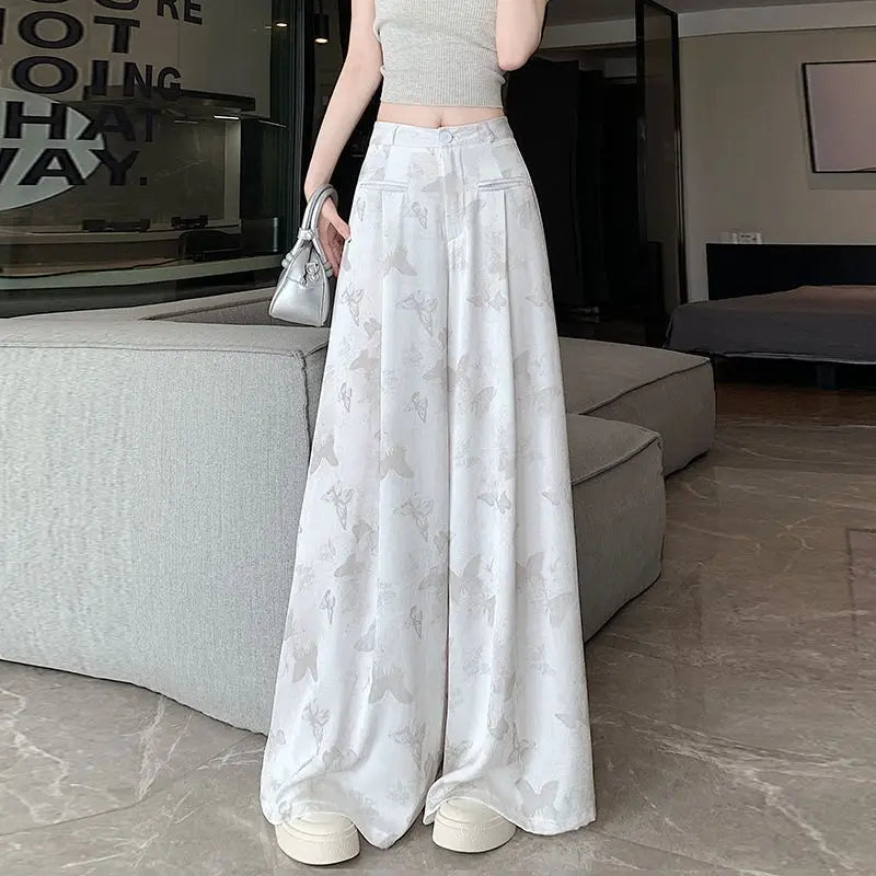 Pantalon drapé en Satin papillon noir pour femme, ample et à la mode, jambes larges, taille haute, Slim, décontracté, printemps et été