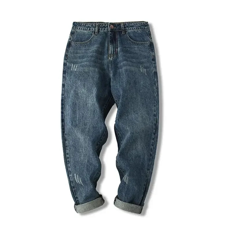 Fjwith Pockets Straight Cowboy Pants for Men, Cropped Jeans for Men, Korean Fashion, Washed, Harajuku, Summer, At Xs, Spring, Autumn