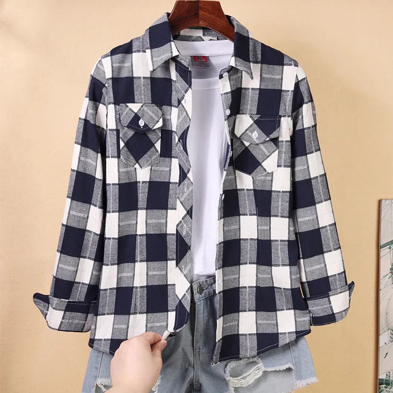 Nouvelles chemises à carreaux pour femmes M-5XL chemisier en coton pour femmes à manches longues chemise à carreaux Slim col rabattu chemisiers pour femmes chemises