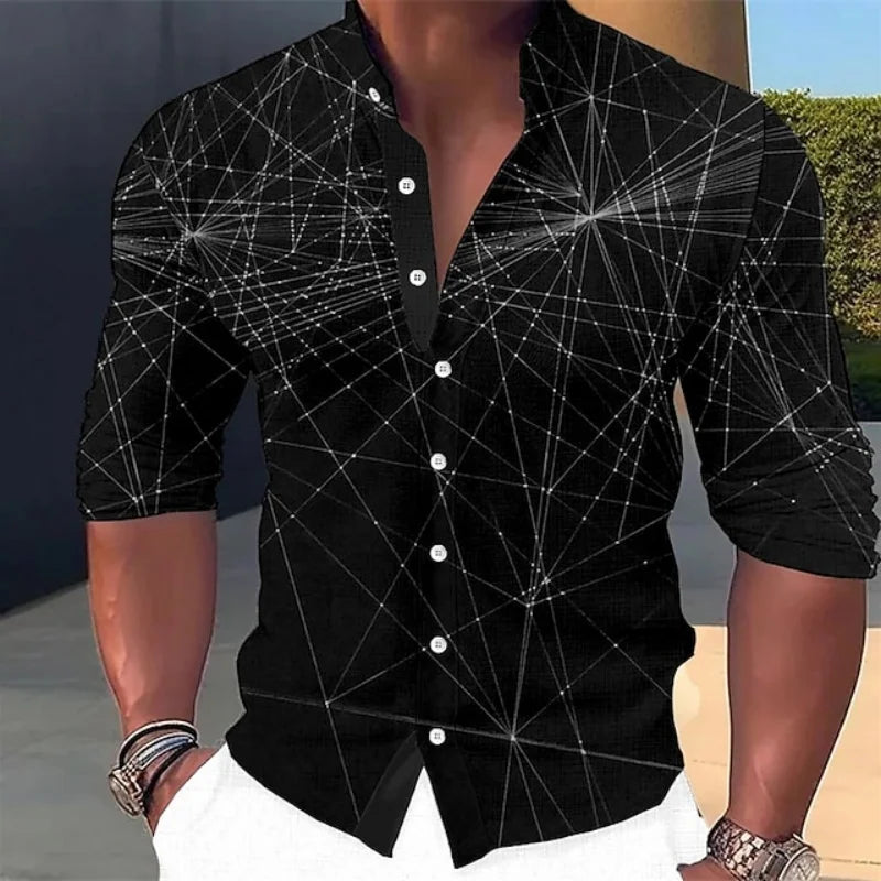 Chemise à boutons à motif géométrique pour hommes, manches longues, mode rue, extérieur, décontracté, quotidien, été, printemps et automne, col montant imprimé