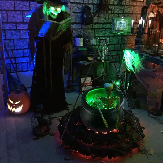 Grand chaudron de sorcière sur trépied, décor d'extérieur pour Halloween, seau à bonbons avec lumières, décor de fête de carnaval d'horreur de feu de joie d'halloween