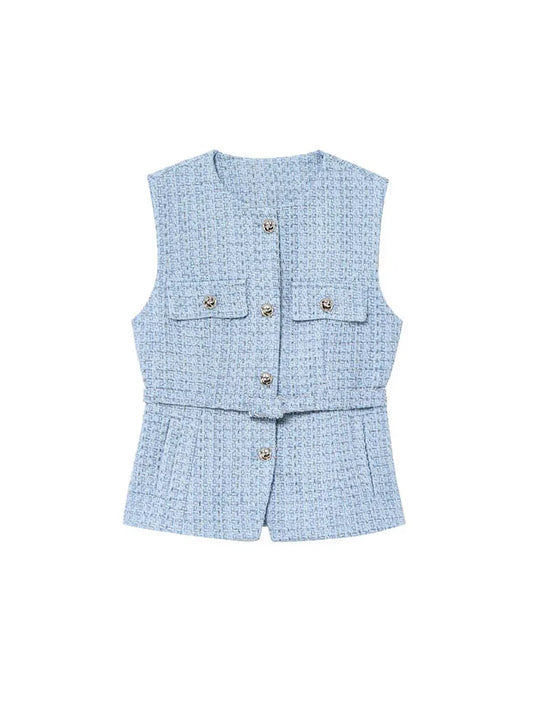 TRAFNLZGMSJ 2025 printemps femmes gilet haut à la mode avec ceinture coupe ajustée sans manches veste haut pour femmes Texture gilet haut nouveau