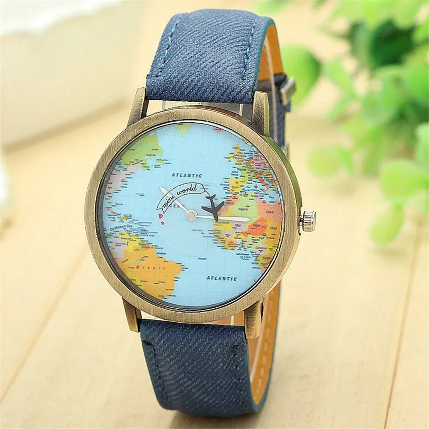 Montre à Quartz de mode unisexe carte avion voyage autour du monde