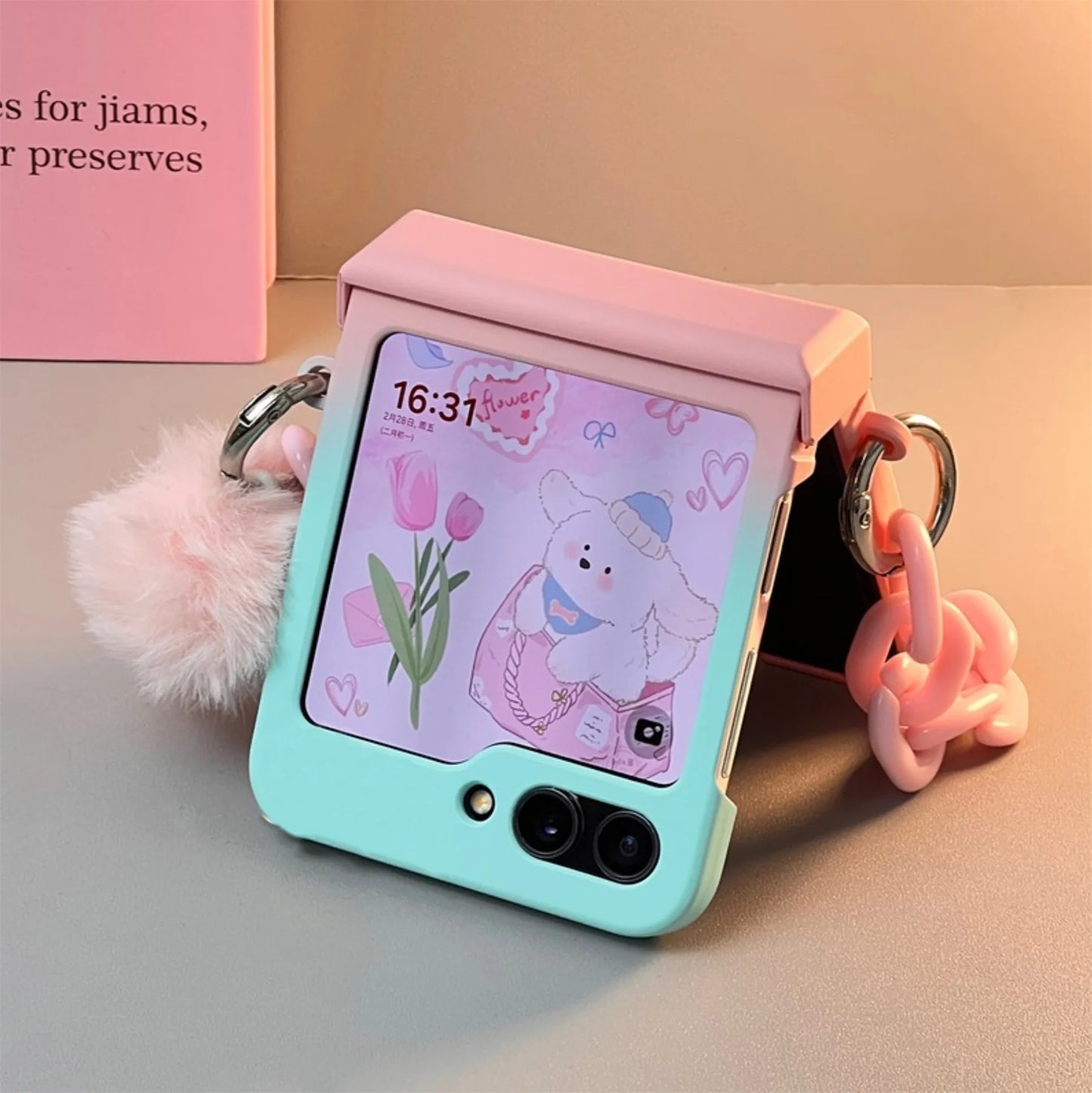coque de téléphone bleue dégradée avec Bracelet Hariball rose pour Galaxy Z Flip