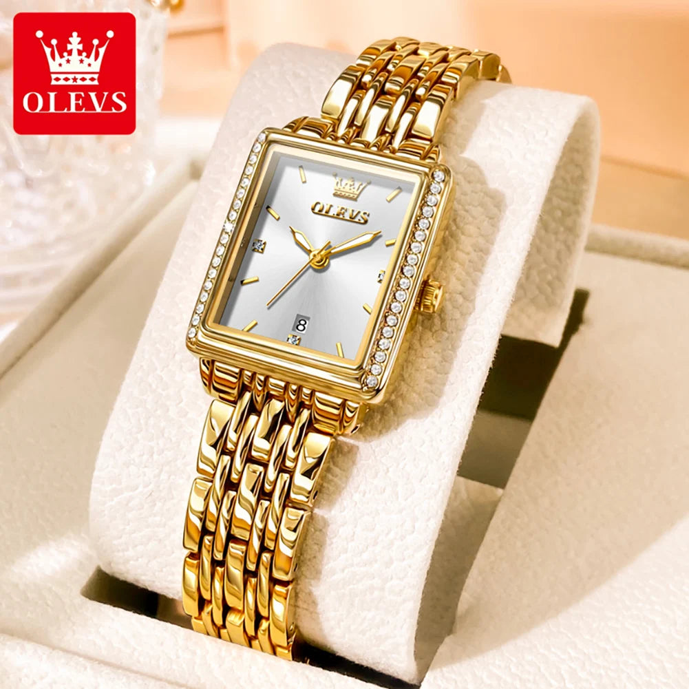 OLEVS-Montre à Quartz de Luxe pour Femme, Cadran Carré, Acier Inoxydable, Étanche, Qualité Supérieure,