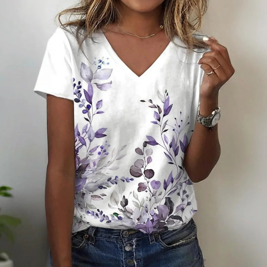 T-shirt femme été décontracté extérieur col en v blouse à manches courtes motif imprimé polyvalent grande taille ample confortable court