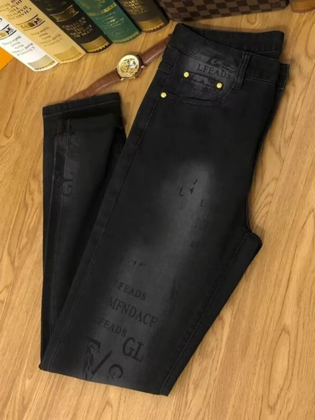 Jean Slim pour hommes, haut de gamme, européen, Version coréenne, décontracté, élastique, imprimé, pantalon Long, tendance pour jeunes