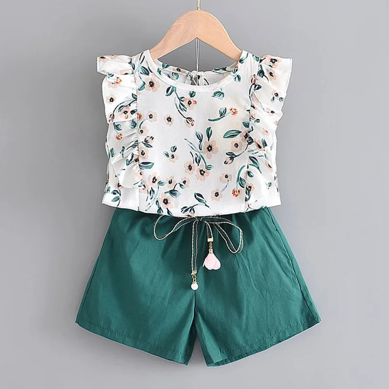 BEAR LEADER-Ensemble d'été décontracté en mousseline de soie pour enfant, t-shirt et pantalon bleus à fleurs, pour fille de 3 à 7 ans, nouvelle collection