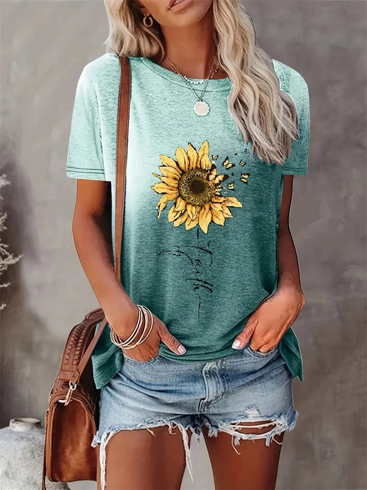 T-shirt col rond femme imprimé pissenlit mode de rue urbaine T-shirt ample femme quotidien décontracté élégant haut à manches courtes