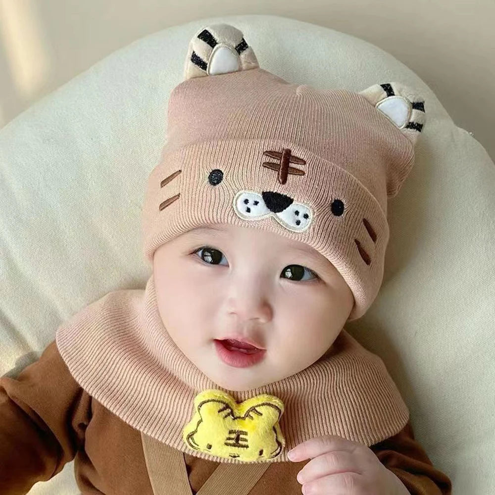 Bébé chapeau écharpe deux pièces ensemble automne hiver bébé mignon tigre laine bonnets chapeaux chaud nouveau-né garçons filles casquettes pour enfants 0-12 mois
