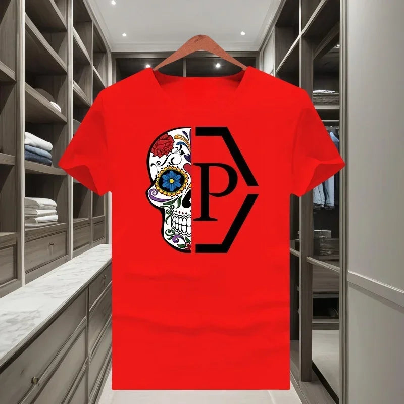 Classique à la mode marque demi crâne fleur imprimé hommes et femmes 2025 nouveau T-shirt à manches courtes col rond
