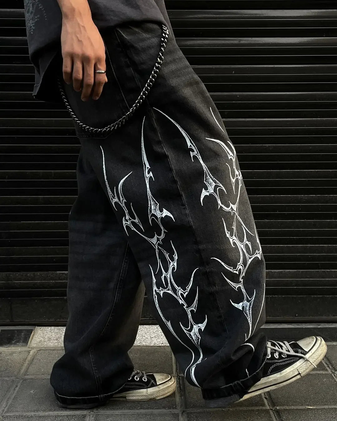 Pantalon Patch populaire avec motif d'épine imprimé, jean déchiré gothique Harajuku pour hommes et femmes, pantalon de rue taille haute Y2k à jambes larges