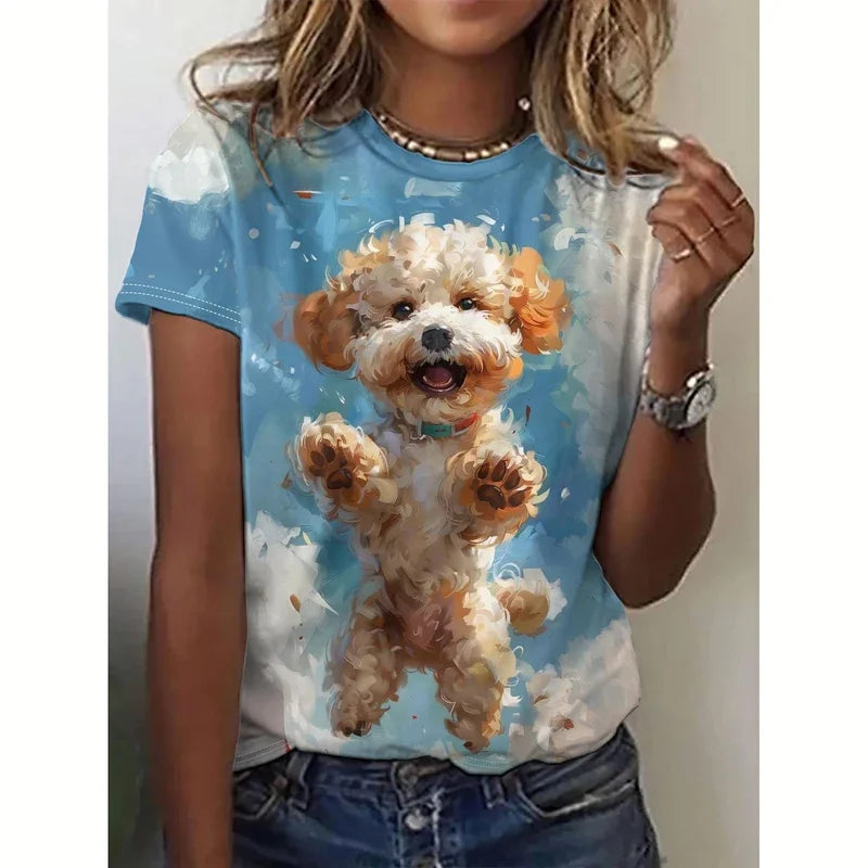 T-shirt manches courtes col ras du cou pour femme, vêtement surdimensionné, décontracté, imprimé chien, 3d, à la mode, été