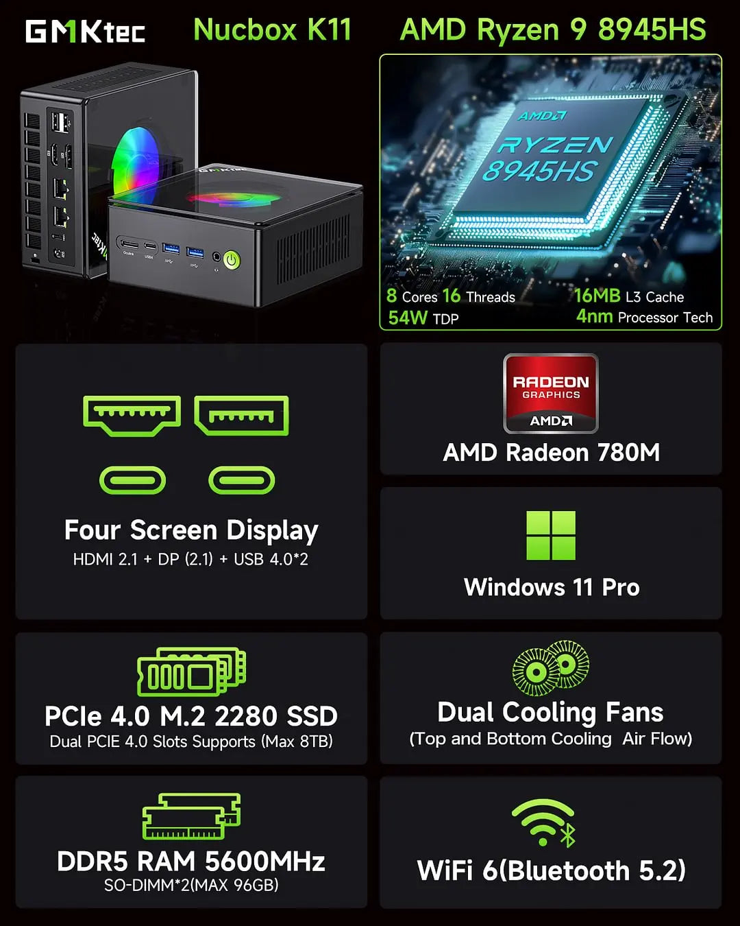 GMKtec-Mini PC Gaming Nucbox K11 AMD Ryzen 9 8945HS, OCuLink 2 x USB 4 2 x DDR5 2 x PCIe 2x2.5G LAN, Ordinateur de bureau RVB, Windows 11, WiFi 6