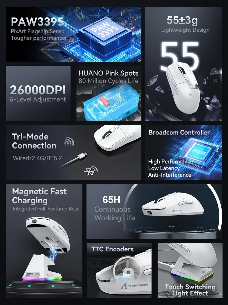Souris ATTACK SHARK X6, connexion tri-mode Bluetooth