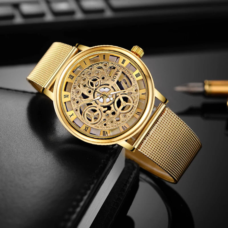 Montre Seton de luxe pour hommes et femmes, montres à la mode, bracelet en acier doré,