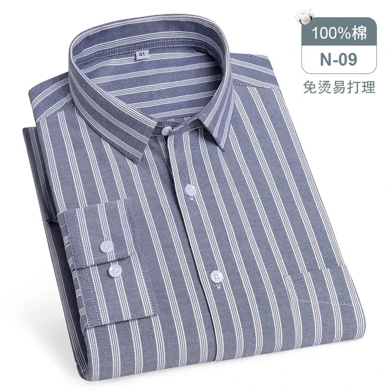 Chemise Oxford rayée à carreaux pour hommes, chemise sociale à manches longues, chemises de travail décontractées, poche, pur coton, qualité, S- 7XL, 8XL, 100%