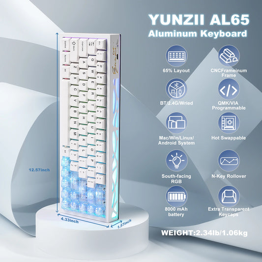 YUNZII AL65 clavier mécanique en aluminium blanc, clavier de jeu sans fil personnalisé QMK/VIA, clavier rétro-éclairé rvb à échange à chaud avec joint