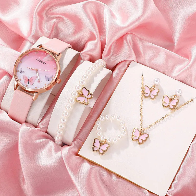 Montre à quartz avec cadran papillon rose pour femme, montre-bracelet en cuir pour femme, design de marque de luxe, mode féminine, ensemble de 6 pièces